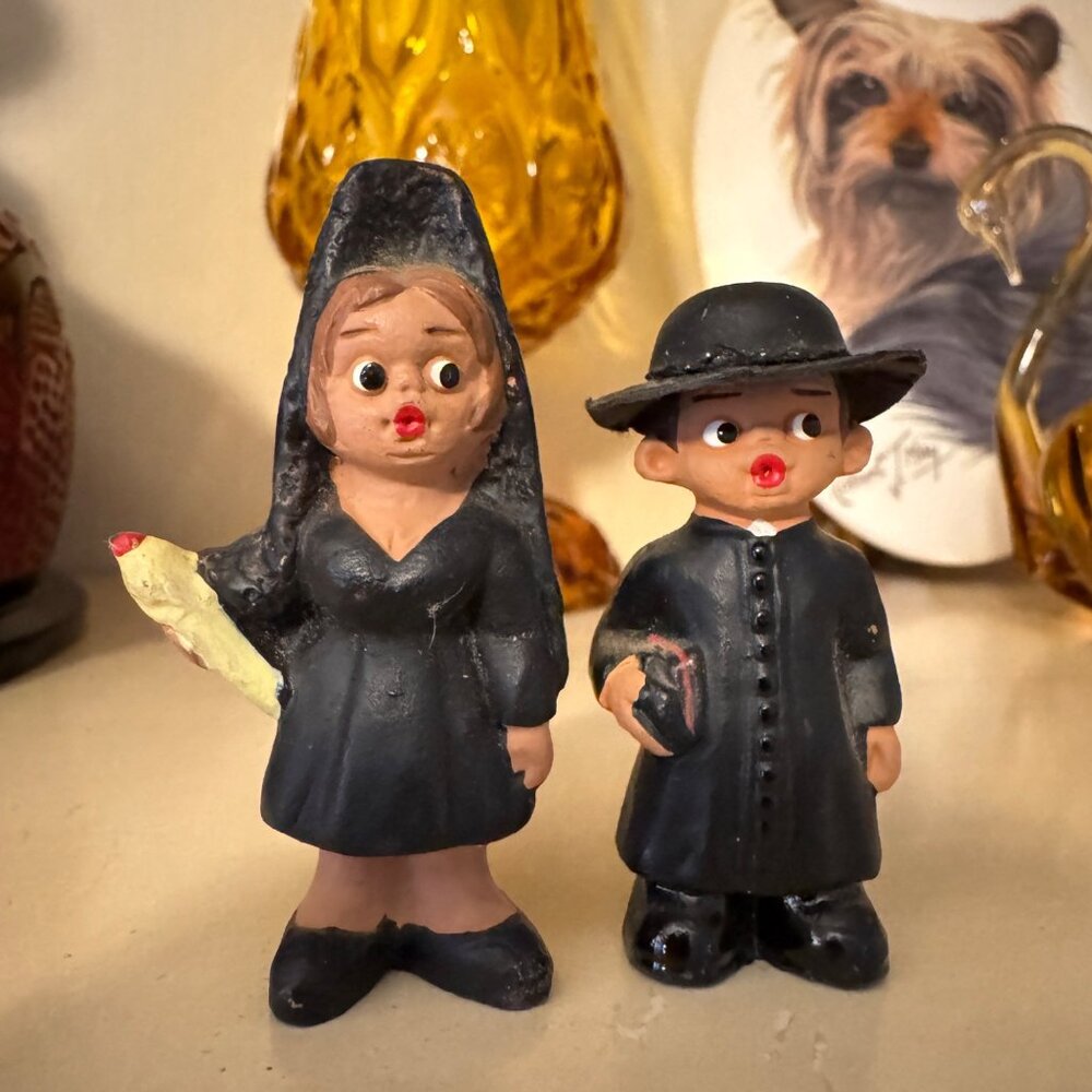 Vintage 60s Miniature Spanish Mud People Terra Cotta 2 Religious Figurines